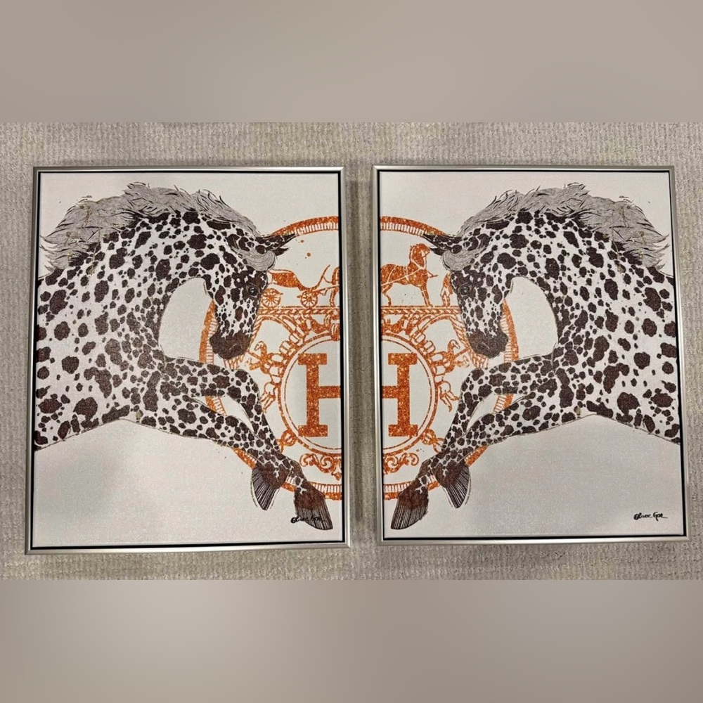 Hermes Oliver Gal Horse Art Print Set with Orange and Black Accents